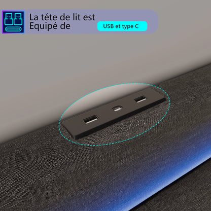 Rosahqnda Gepolsterter Bettrahmen mit LED, USB, Schubladen, Leinen Plattformbett 140-160-180×200cm,Jugendwohnungsbett,Gästebett