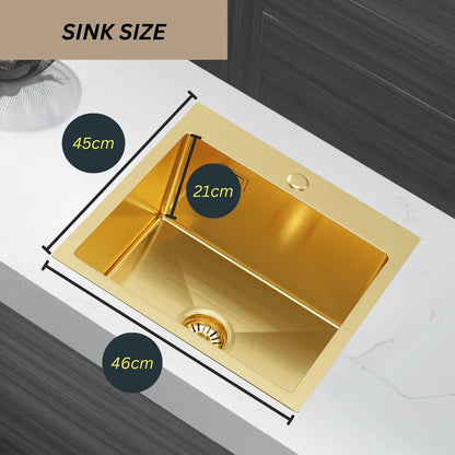 Gold PVD Stainless Steel Kitchen Sink 46x45cm Single Bowl with Faucet Hole, Overflow, Drain Kit, Top mount Design
