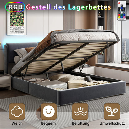 Comanlai Polsterbett, 160 x 200 cm, mit Lattenrost und Stauraum, hydraulisches LED-Bett mit Stauraum, ohne Matratze, Samt, Grau