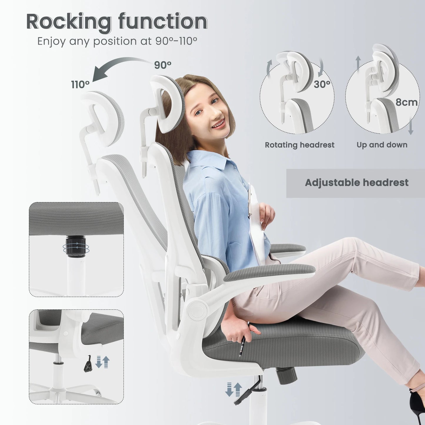 WOLTU Drehbarer Bürostuhl, ergonomischer Netz-Schreibtisch, Computerstuhl, höhenverstellbar, Schaukelfunktion, umkehrbare Armlehnen, Kopfstütze