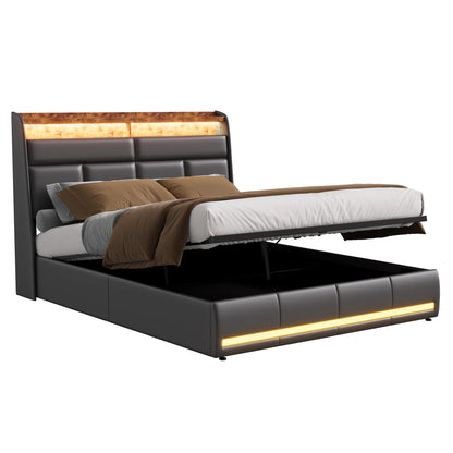 Rosahqnda gepolstertes Doppelbettsystem 140 x 200 cm, modernes Polsterbett, Kopfteil mit LED und USB-Ladestation, PU-Leder