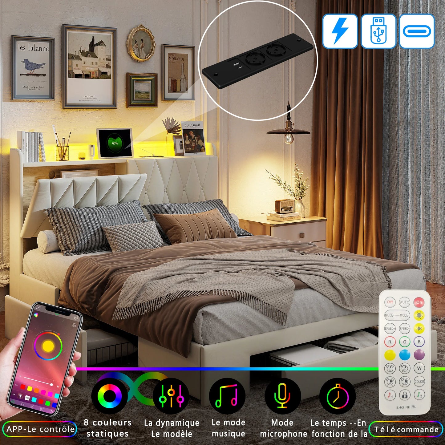 RosahqndaPolsterbett mit Schubladen, Elegantes Stauraum-Kopfteil, modernes Doppelbett in beigem Samt, Farbe beige, ohne Matratze