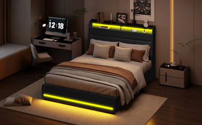 Rosahqnda Doppel-Jugendbettgestell 140–160 x 200 cm mit hydraulischem LED- und USB-Aufbewahrungsbett, Einzelbett, Gäste-/Master-Schlafzimmer, PU, weiß/schwarz