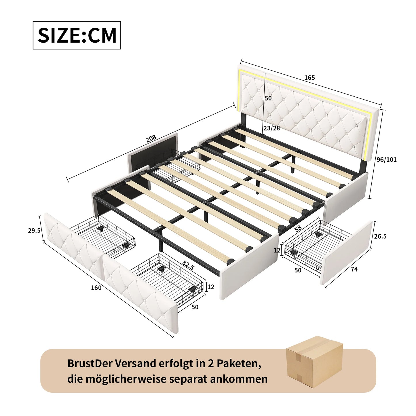 ROSAHQNDA Modernes Kunstlederbett mit Schubladen, LED-PU-Doppelbettgestell mit Stauraum, 140/160 x 200 cm, ohne Matratze