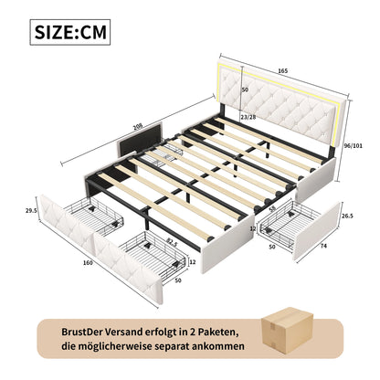 ROSAHQNDA Modernes Kunstlederbett mit Schubladen, LED-PU-Doppelbettgestell mit Stauraum, 140/160 x 200 cm, ohne Matratze