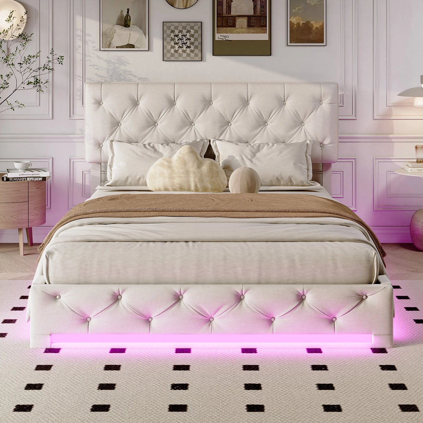 Rosahqnda upholstered bed, double size, with LED lights, storage bed with hydraulic lift box, adjustable headboard height, linen