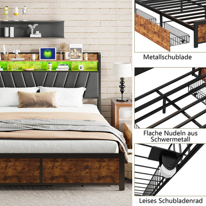 Metall bett rahmen 140/160x200cm Doppelbett mit LED-Licht und 2 Schubladen, mit USB-Ladeans chluss, Vintage braun schwarz