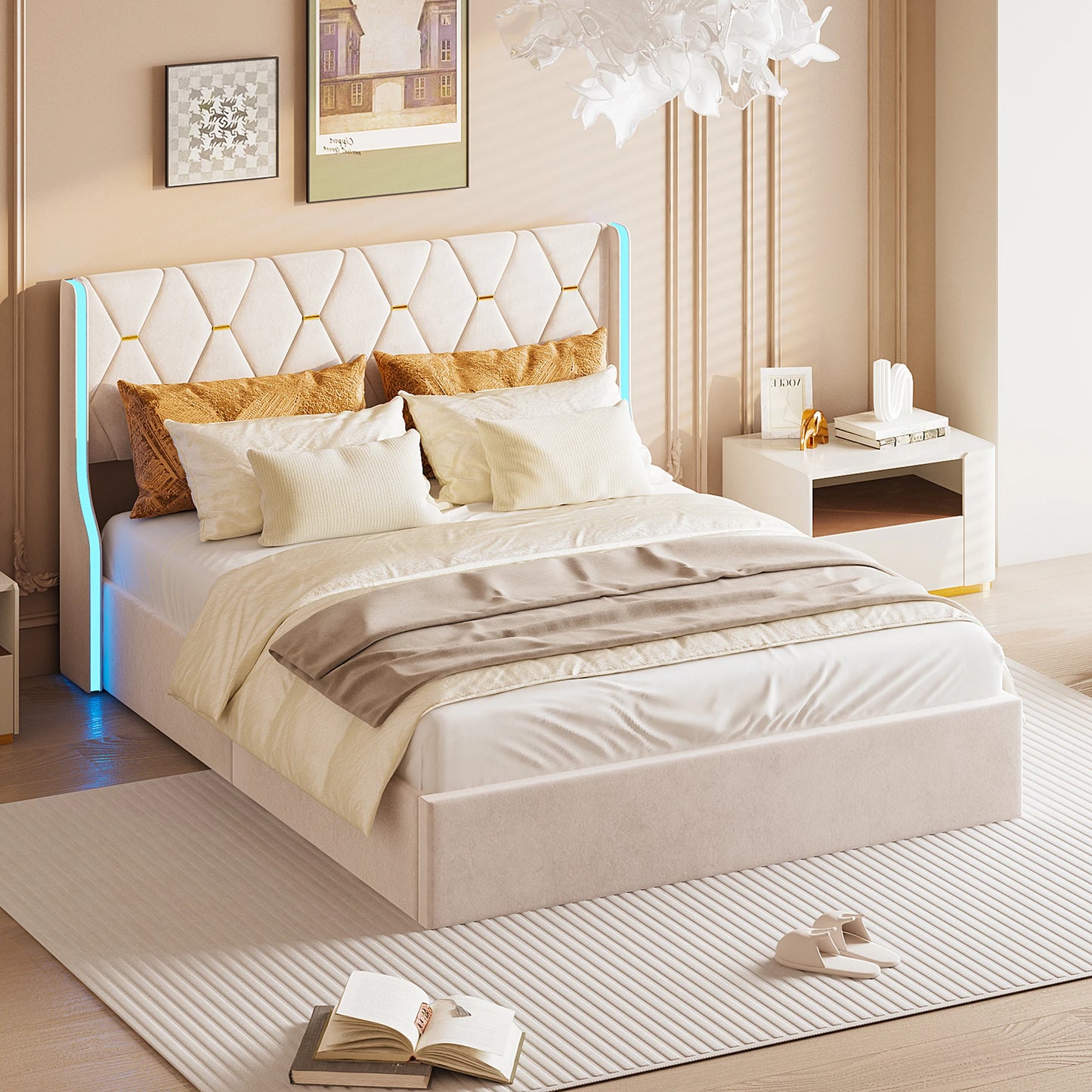 Polsterbett Doppelbett 140x200 cm, Bett mit Stauraum und Lattenrost, Bett mit LED, Stauraumbett mit Bettkasten und Kopfteil