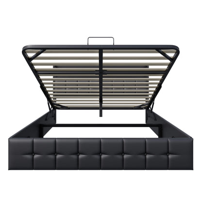 Rosahqnda Polsterbett 140x200 cm mit Lichtleiste, Stauraumbett mit Kopfteil, Doppelbett mit Lattenrost für 2 Personen,PU,Schwarz