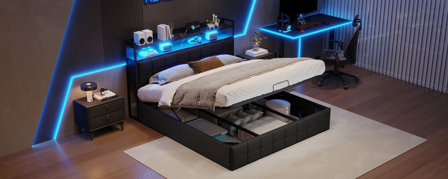 Rosahqnda Polsterbett 140 x 190 cm Doppelbett mit LED und USB, gepolsterter Bettrahmen mit Kopfteil und Lattenrost, Höhe 32 cm