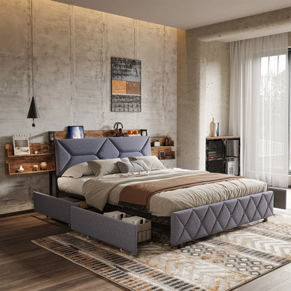 Bett 160 x 200 mit USB, Doppelbett mit 4 Schubladen, Kopfteil mit ausziehbarem Stauraum, Erwachsenenbett mit Lattenrost aus Holz