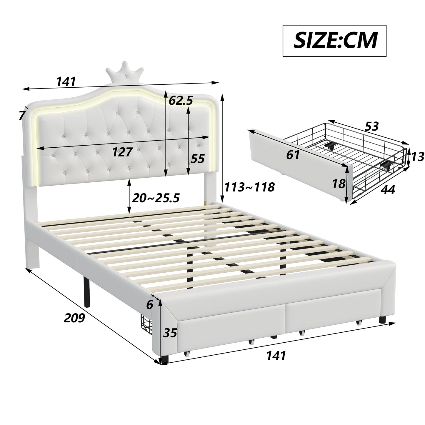 Rosahqnda Kinderbett Kronenform 90/140 x 200 cm, LED und Schubladen, höhenverstellbares Kopfteil, PU, Rosa/Weiß