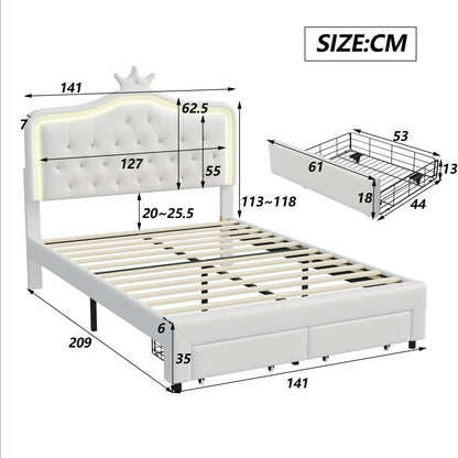 Rosahqnda Kinderbett Kronenform 90/140 x 200 cm, LED und Schubladen, höhenverstellbares Kopfteil, PU, Rosa/Weiß