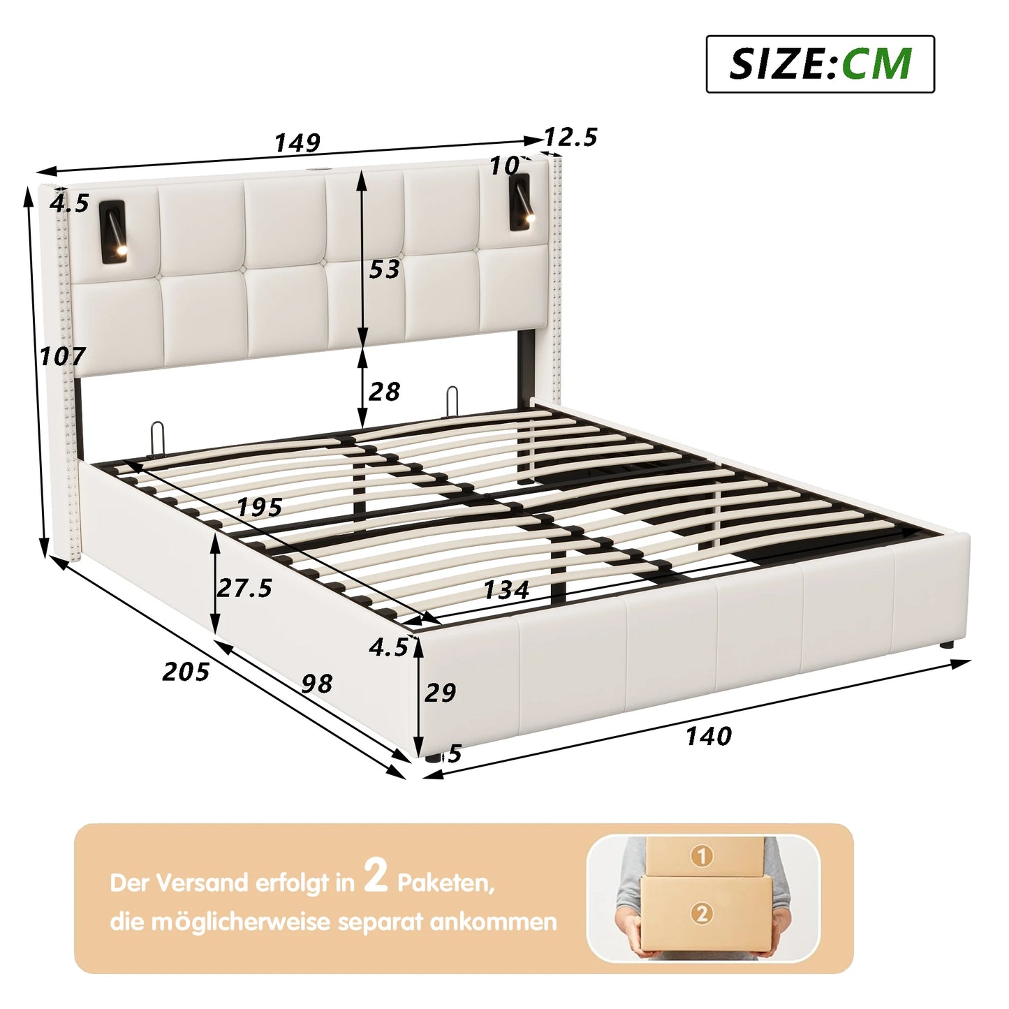 Rosahqnda Polsterbett 160x200 cm mit Stauraum,Kopfteil mit LED-Leselicht,Kupfernieten Modernes Bettgestell,Grauer Samtstoff