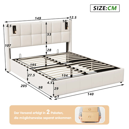 Rosahqnda Polsterbett 160x200 cm mit Stauraum,Kopfteil mit LED-Leselicht,Kupfernieten Modernes Bettgestell,Grauer Samtstoff