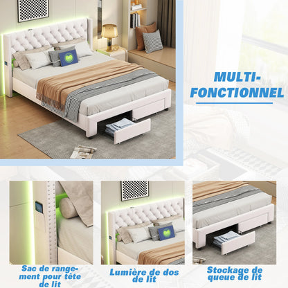 Rosahqnda Modernes Doppelbettgestell 140*190cm Stauraumbett 160-180*200cm mit LED&USB& Schubladen Jugendbett Gästebett Samtbeige