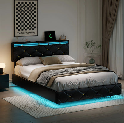 Rosahqnda Schwebebett 140-160*200cm LED USB verstellbares Kopfteil,Doppelpolsterbett Apartmentbett Jugendbett Gästebett,PU