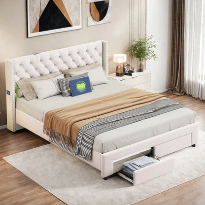 WoodenAura Polsterbett, beiger Samt, Kopfende mit 2 Schubladen, genietetes Kopfteil, Kommode, Stauraumbett mit LED-Beleuchtung