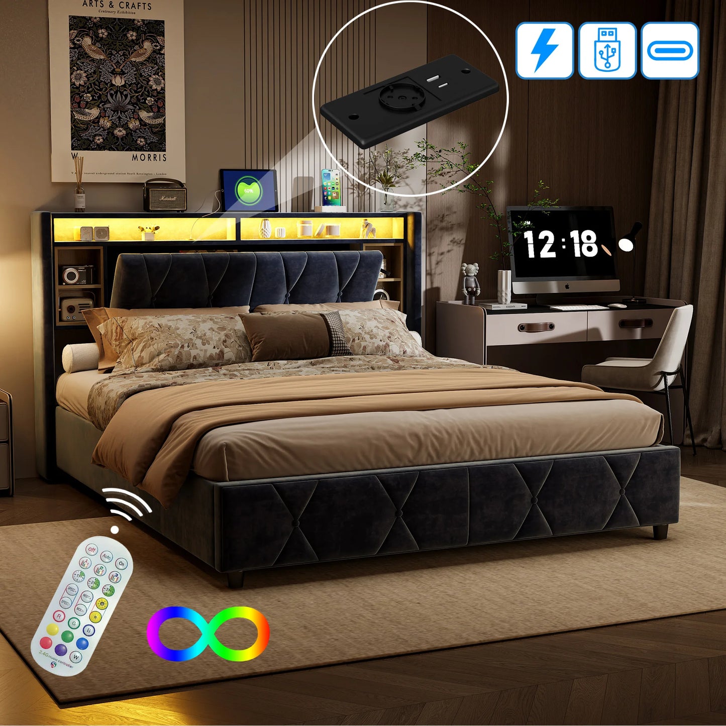 UrbanLuxe Bettgestell 140x200 cm mit LED-Lichtleiste und Dual-USB-Ladeanschluss, Bett mit Stauraum, Lattenrost, Samt, grau