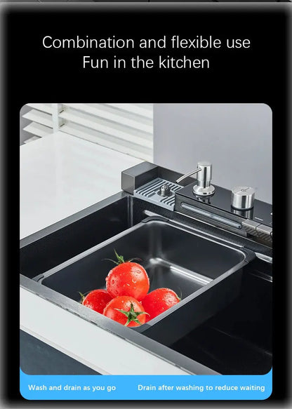 Wasserfall-Küchenspüle aus Edelstahl 304, großes Einzelschlitz-Wasserhahn-Set mit integrierter Digitalanzeige, Seifenspender, Tassenwascher