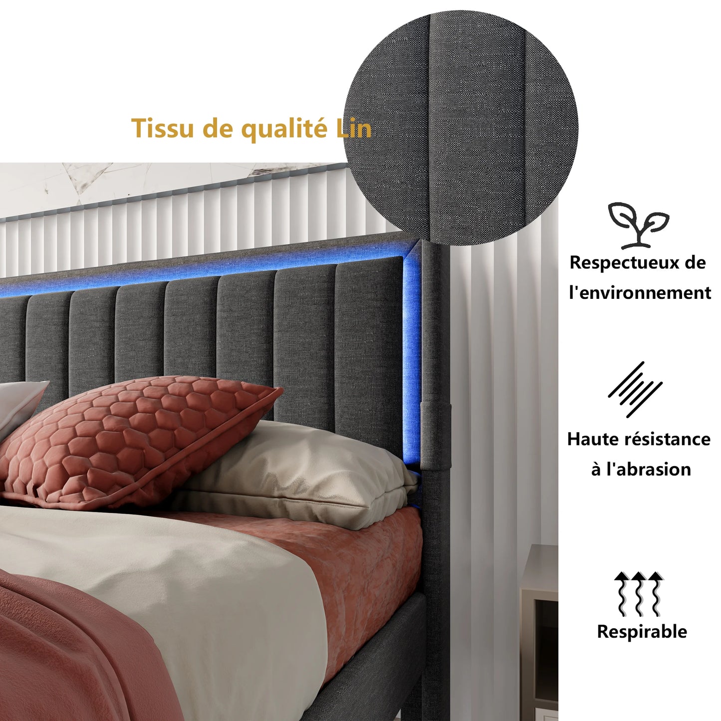 Rosahqnda Gepolsterter Bettrahmen mit LED, USB, Schubladen, Leinen Plattformbett 140-160-180×200cm,Jugendwohnungsbett,Gästebett