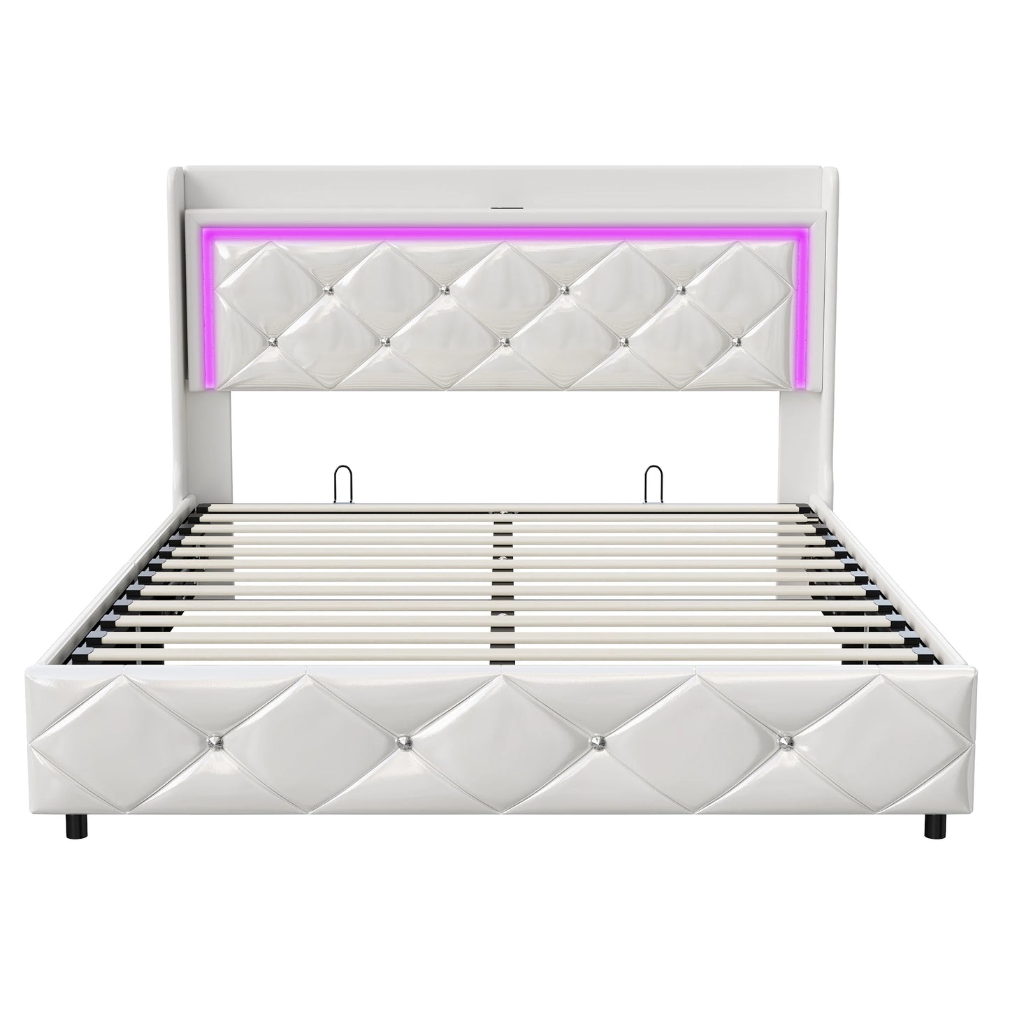 Rosahqnda Doppel-Jugendbettgestell 140–160 x 200 cm mit hydraulischem LED- und USB-Aufbewahrungsbett, Einzelbett, Gäste-/Master-Schlafzimmer, PU, weiß/schwarz