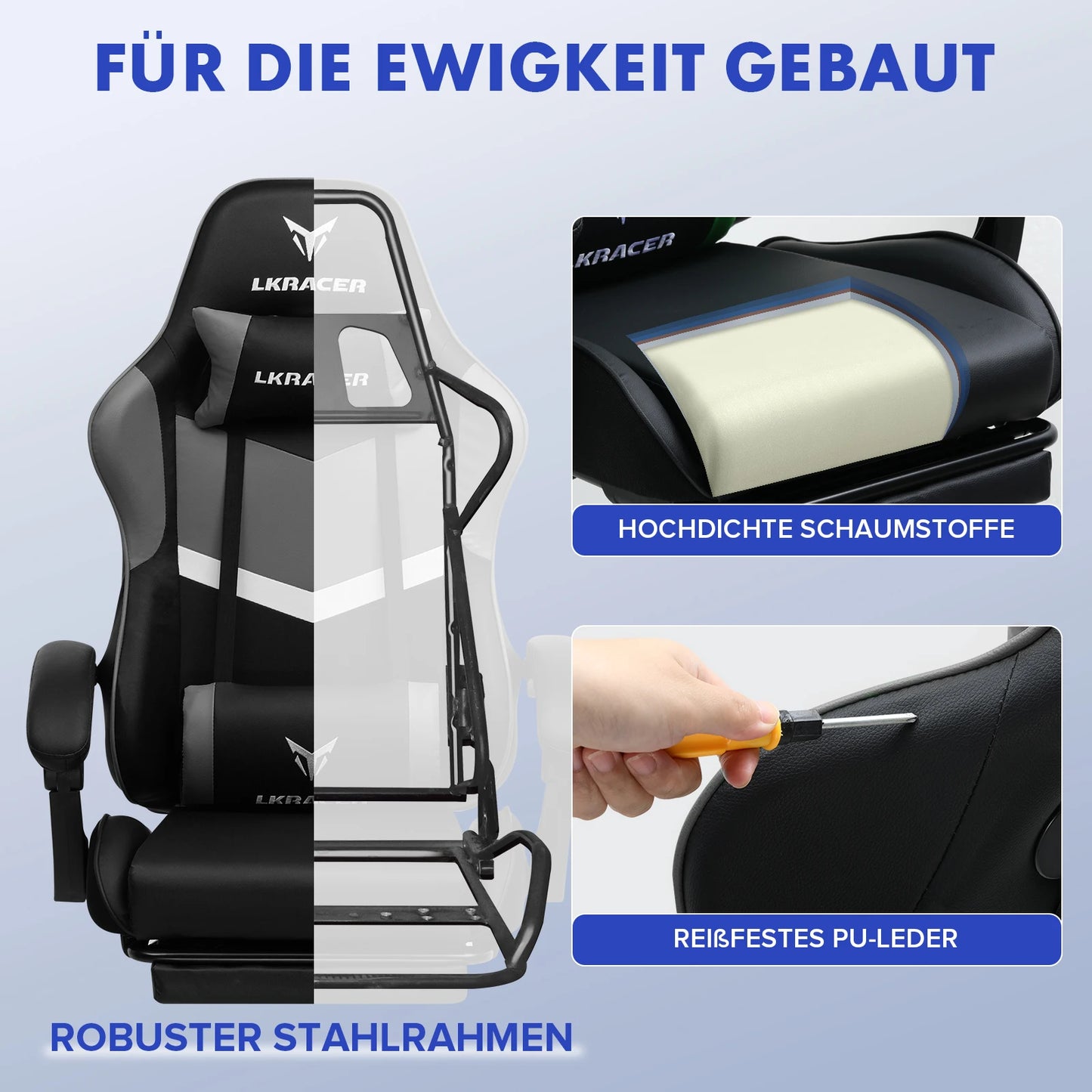 LUCKRACER Gaming Stuhl mit fußstütze Bürostuhl Ergonomisch mit verstellbare Lendenkissen, Kopfkissen Gaming Chair