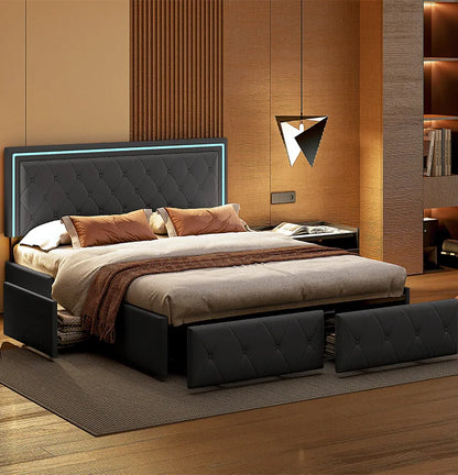 ROSAHQNDA Modernes Kunstlederbett mit Schubladen, LED-PU-Doppelbettgestell mit Stauraum, 140/160 x 200 cm, ohne Matratze