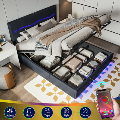 Polsterbett Doppelbett 140x200cm Jugendbett mit Verstellbares Kopfteil, Bett mit Beleuchtung, Stauraumbett mit Hydraulisch, PU