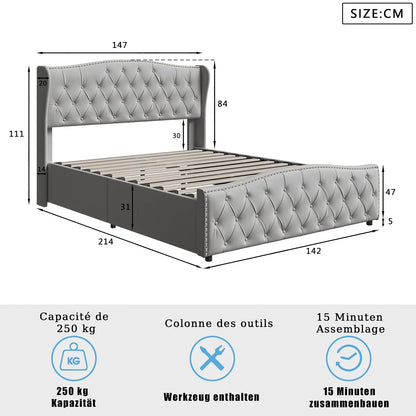 Polsterbett Boxspringbett 140x200cm,Hydraulisch Stauraumbett mit Stauraum , Doppelbett Jugendbett  mit Lattenrost , Samt ,Grau