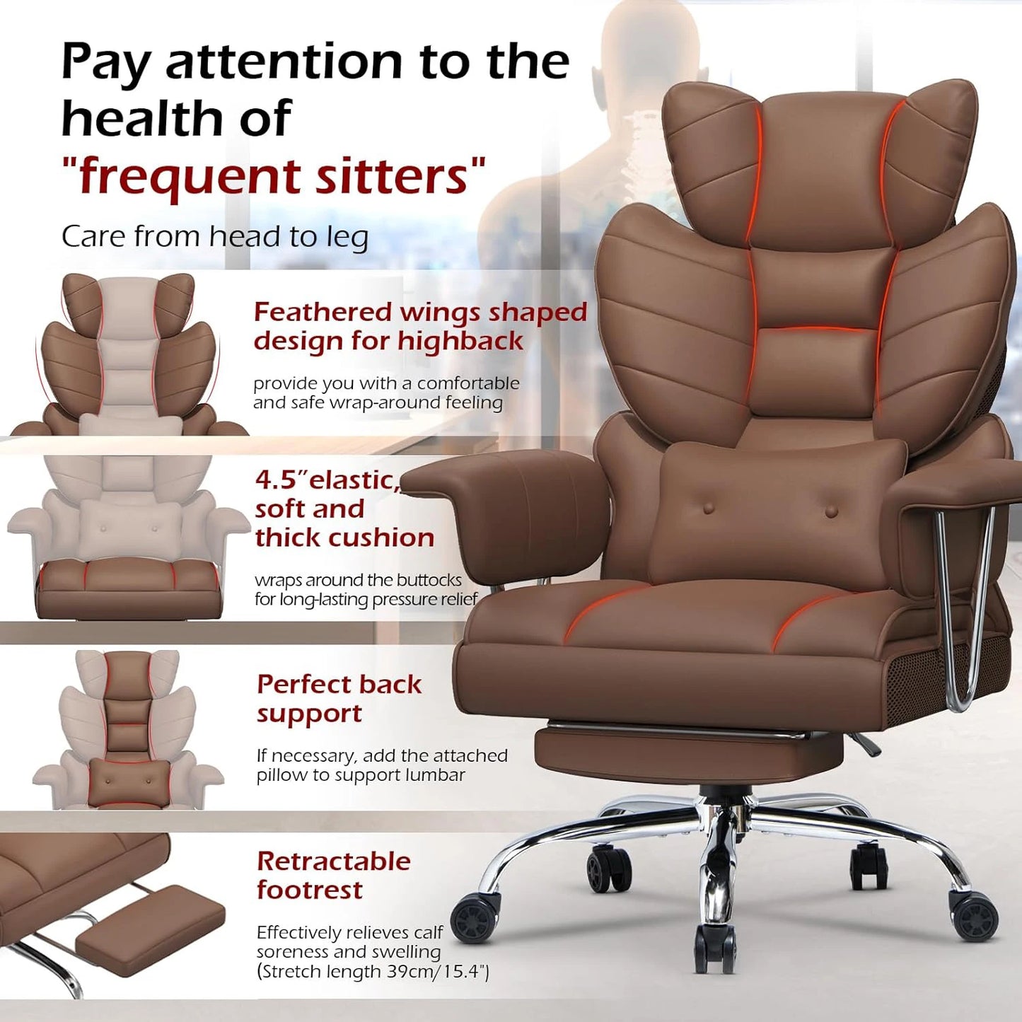Desk Chairs Ergonomic Office Chair PU Leather Computer Chairs Adjustable Big High Back Executive Chair Swivel Chair