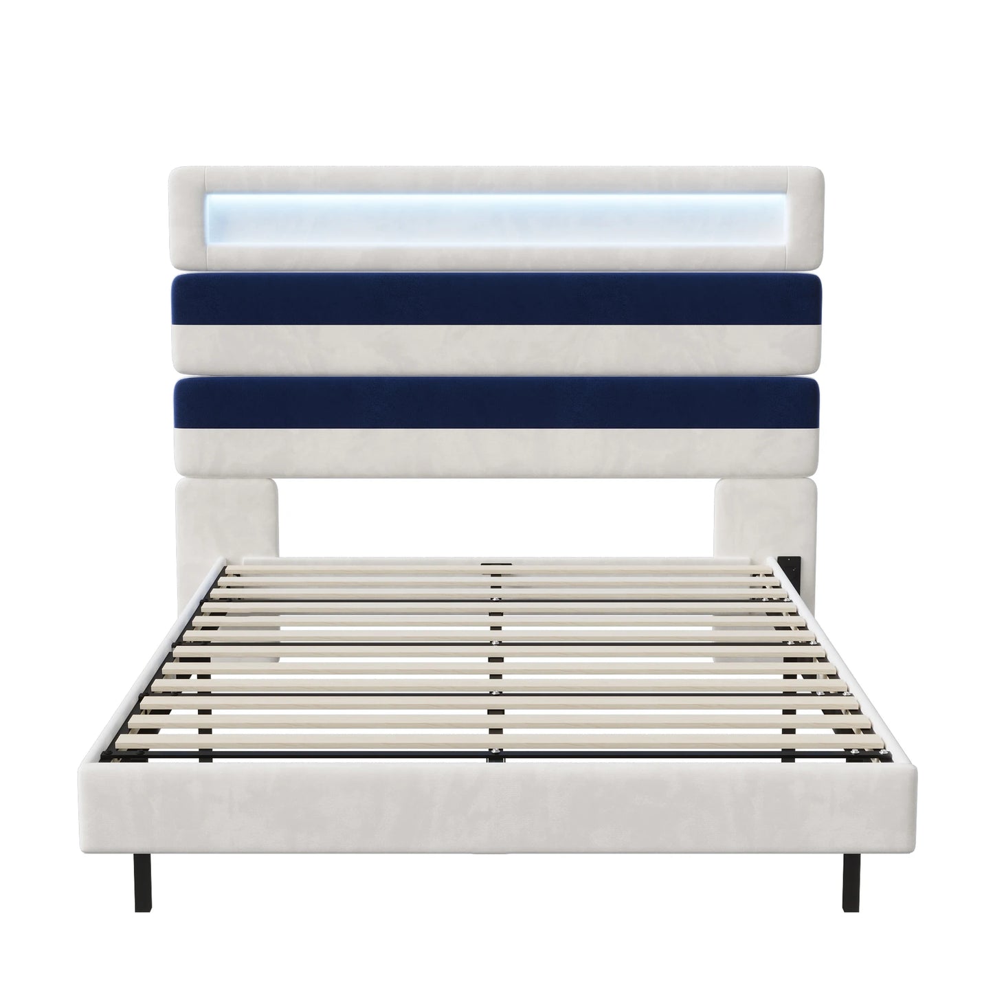 Rosahqnda Double Bed 140x190cm,Upholstered Bed with LED lighting and USB Charging Port,Youth Bed Ajudtable Headboard,WhiteVelvet