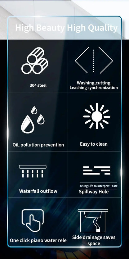 Wasserfall-Küchenspüle aus Edelstahl 304, großes Einzelschlitz-Wasserhahn-Set mit integrierter Digitalanzeige, Seifenspender, Tassenwascher