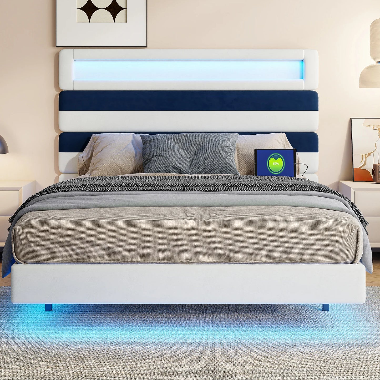 Rosahqnda Double Bed 140x190cm,Upholstered Bed with LED lighting and USB Charging Port,Youth Bed Ajudtable Headboard,WhiteVelvet