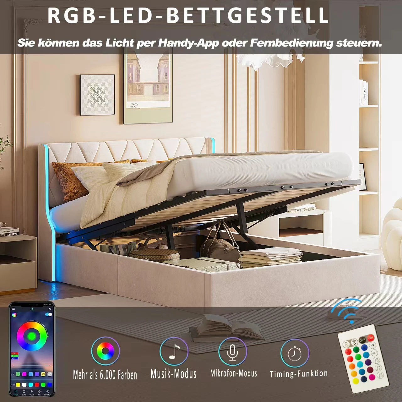 Polsterbett Doppelbett 140x200 cm, Bett mit Stauraum und Lattenrost, Bett mit LED, Stauraumbett mit Bettkasten und Kopfteil