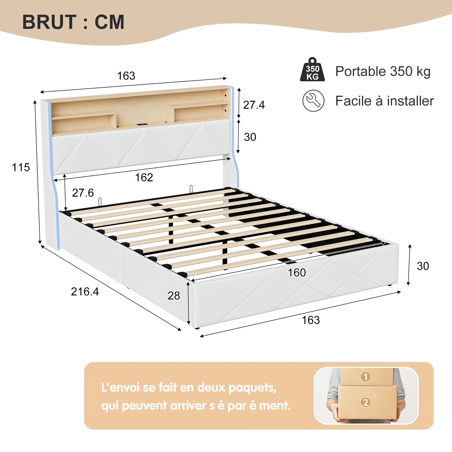 Doppelbett hydraulisches LED-Bett, Kofferraumbett 140/160 x 200cm, Polsterbett Mit Stauraum Polsterbett mit LED und USB, Jugendbett LED-Bettgestell für 2 Personen, Pu-Stoff