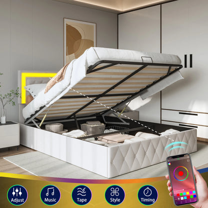 Rosahqnda gepolstertes Doppelbett 140 x 200 cm mit LED-Beleuchtung, hydraulischem Stauraumbett und Lattenrost, Funktionsbetten, Samt