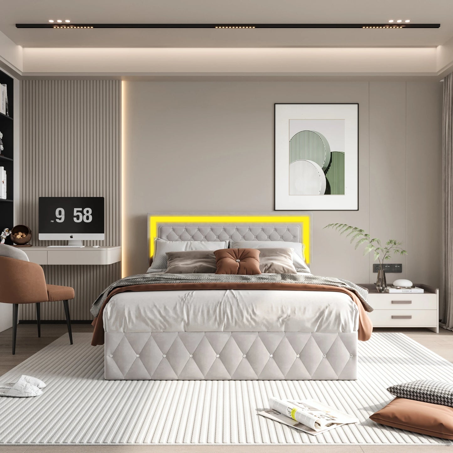 Rosahqnda gepolstertes Doppelbett 140 x 200 cm mit LED-Beleuchtung, hydraulischem Stauraumbett und Lattenrost, Funktionsbetten, Samt