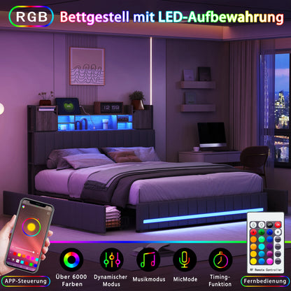 Rosahqnda gepolstertes Doppelbett mit LED-Kopfteil und USB-Anschluss, Stauraumbett mit 4 Schubladen, Leinen, ohne Matratze