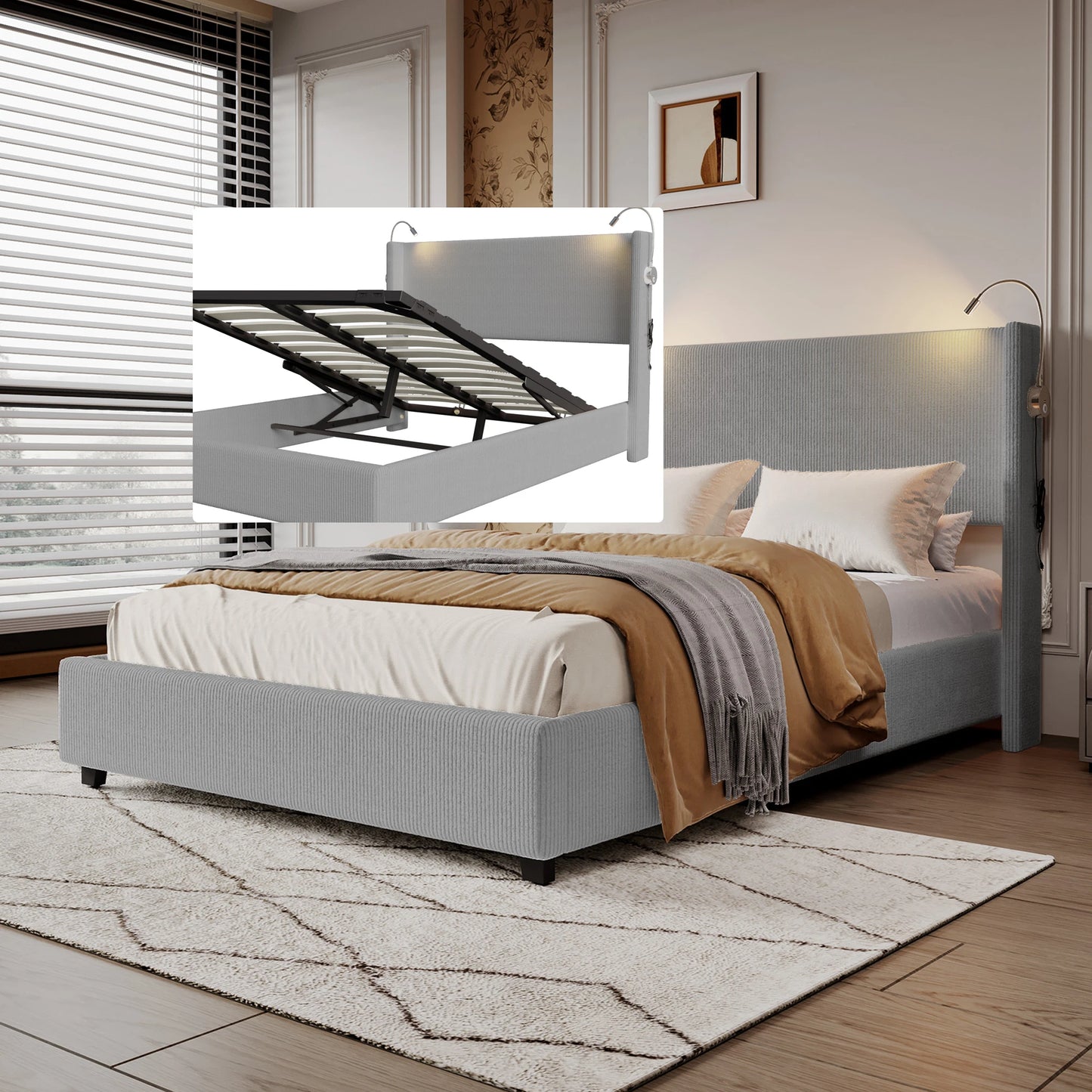 140 x 200 cm großes Cord-Doppelbett mit Stauraum, Bettkopf mit Leselicht, zwei USB-Ladeanschlüssen, ohne Matratze