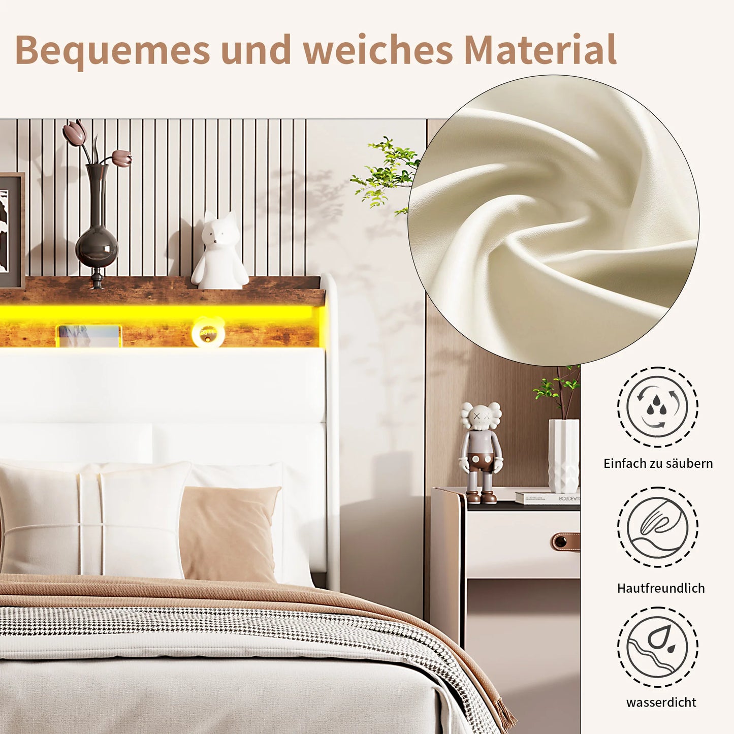 Rosahqnda Doppel-Jugendbettgestell 140–160 x 200 cm mit hydraulischem LED- und USB-Aufbewahrungsbett, Einzelbett, Gäste-/Master-Schlafzimmer, PU, weiß/schwarz