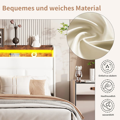 Rosahqnda Doppel-Jugendbettgestell 140–160 x 200 cm mit hydraulischem LED- und USB-Aufbewahrungsbett, Einzelbett, Gäste-/Master-Schlafzimmer, PU, weiß/schwarz