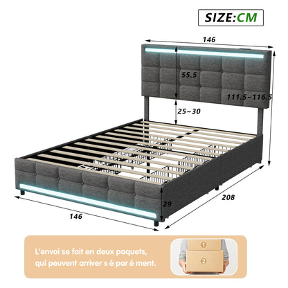 Rosahqnda Gepolstertes Doppelbett 140-160 x 200 cm mit 4 Schubladen und LED, Stauraumbett, Gästebett, Apartmentbett, Leinen