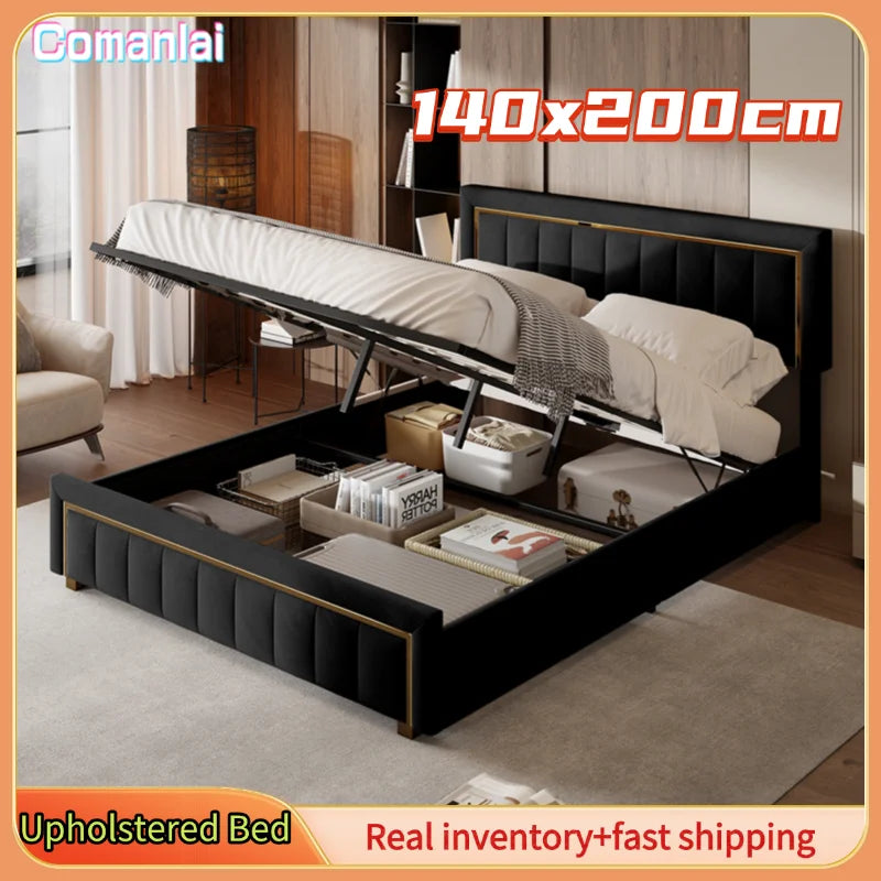 Comanlai 140 x 200 cm Polsterbett, hydraulisches Bett mit Stauraum, mit Kopfteil und Lattenrost, Matratze nicht im Lieferumfang enthalten, Schwarz