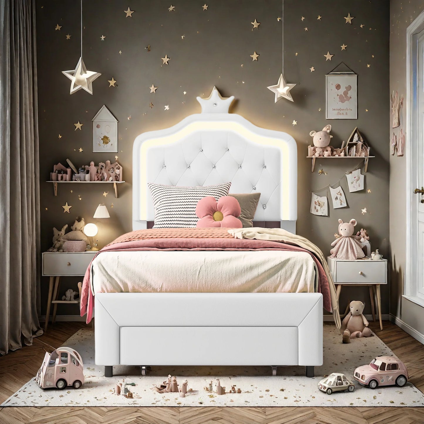 90x200cm Polster bett, Einzel bett mit Lattenrost und Rückenlehne, mit LED und großem Stauraum, PU, White, ohne Matratze