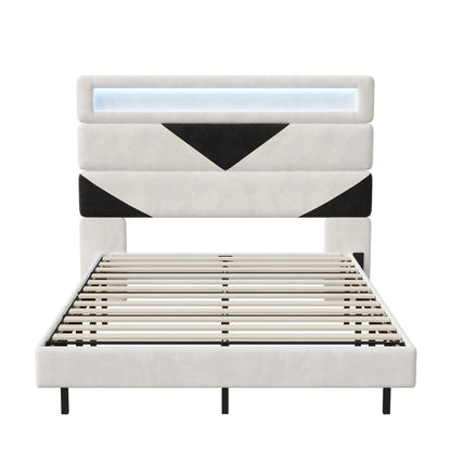 Rosahqnda Double Bed 140x190cm,Upholstered Bed with LED lighting and USB Charging Port,Youth Bed Ajudtable Headboard,WhiteVelvet