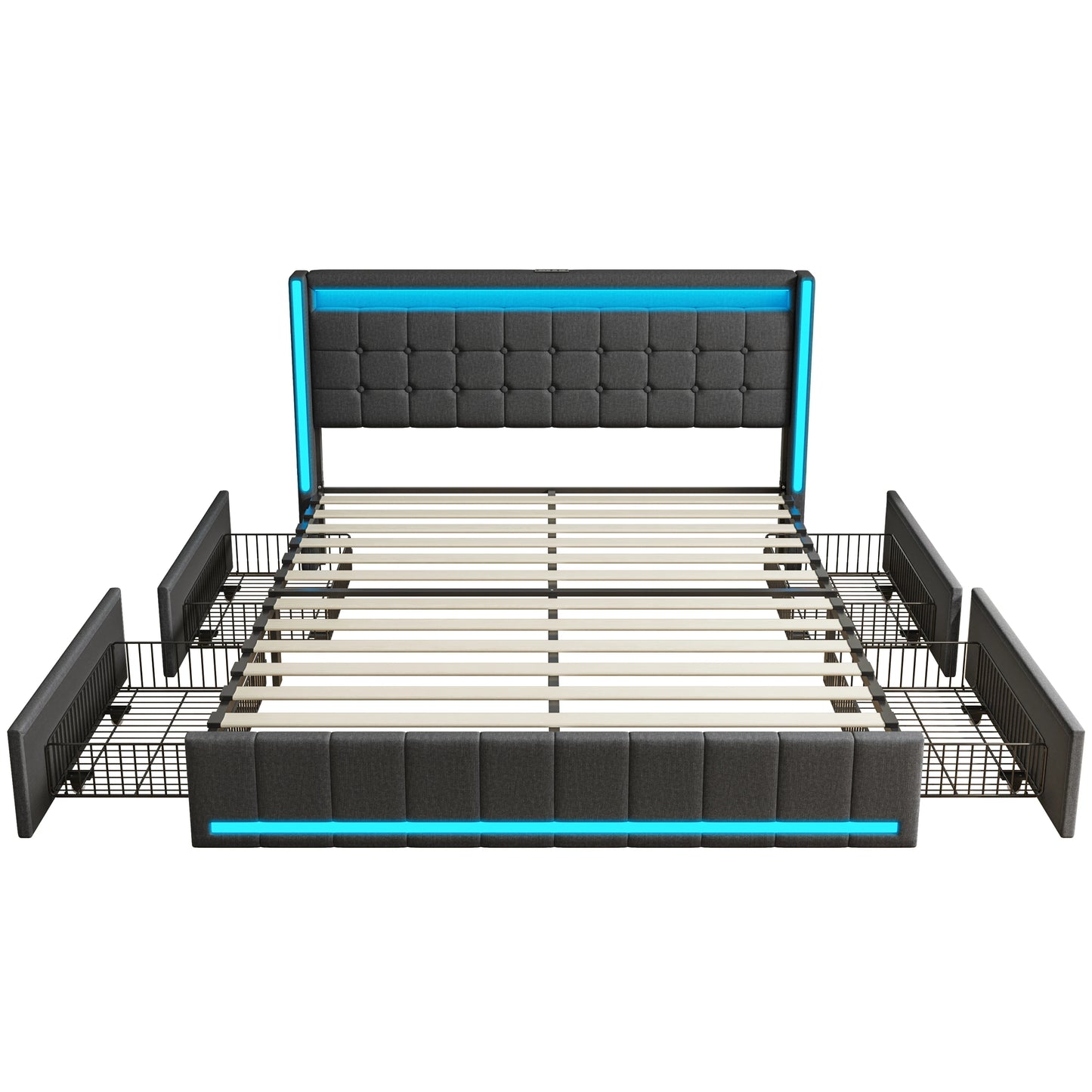 Rosahqnda Modern Double Bed with Drawers,Sockets,Led,Solid Metal,Headboard and Bed Frame with Storage,Teen Bed,Linen,Dark Grey