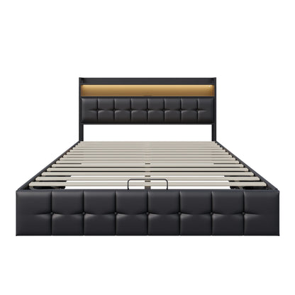 Rosahqnda Polsterbett 140 x 190 cm Doppelbett mit LED und USB, gepolsterter Bettrahmen mit Kopfteil und Lattenrost, Höhe 32 cm