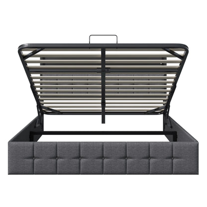 Rosahqnda Multifunctional Double Bed,Rechargeable,LED and Hydraulic Storage,Teen Bed,140/160 x 200 cm,Linen/PU,Grey,Black.