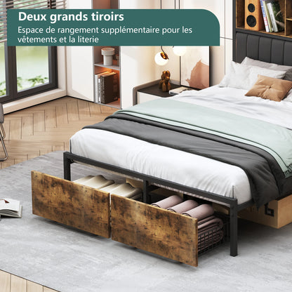 WoodenAura Doppelbettgestell aus Holz und Metall, Retro-Bett mit LED-PU-Kopfteil und 2 Schubladen, modernes Bett mit Stauraum